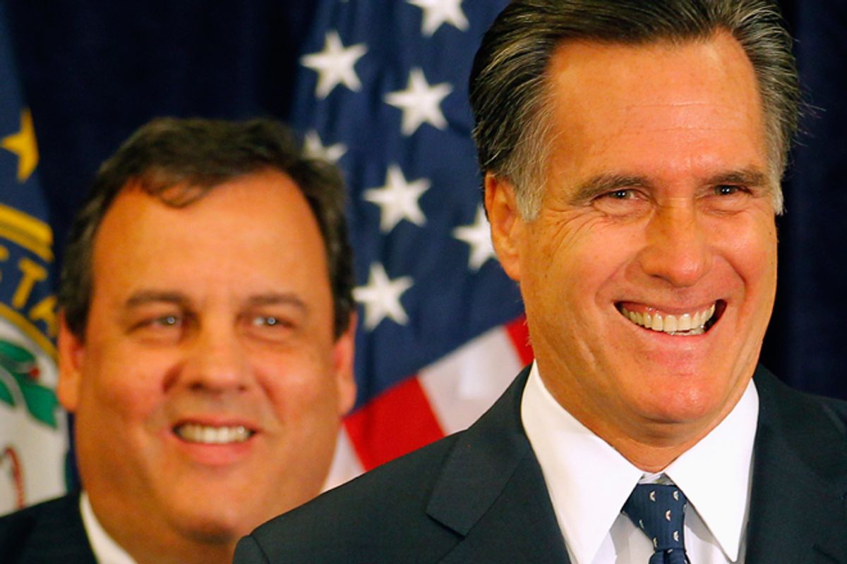     Chris Christie, left, and Mitt Romney  