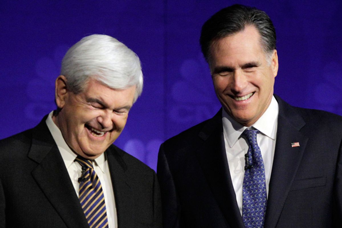 Newt Gingrich and Mitt Romney       (AP/Paul Sancya)
