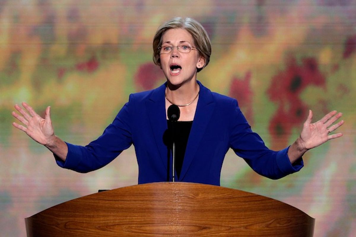 Senate candidate from Massachusetts Elizabeth Warren addresses the Democratic National Convention in Charlotte, N.C., on Wednesday, Sept. 5, 2012.    (AP/J. Scott Applewhite)