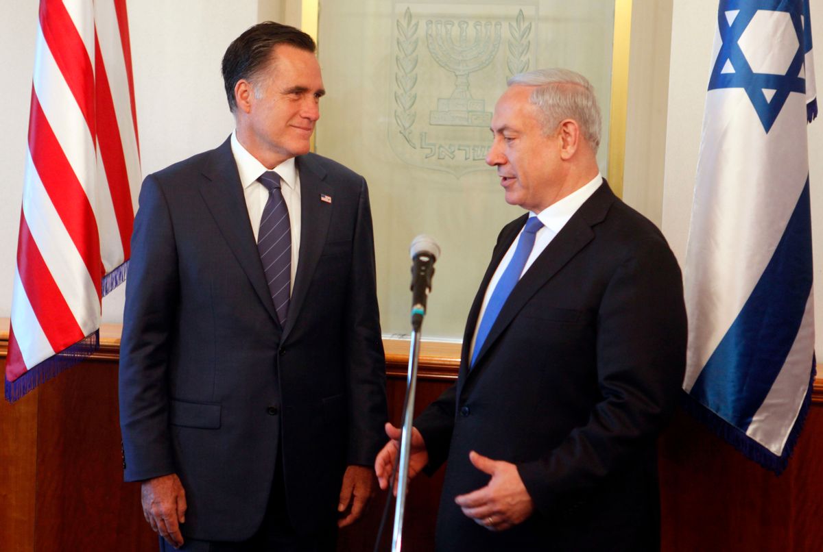 Israeli Prime Minister Benjamin Netanyahu, right, and US Republican presidential candidate Mitt Romney.                         (AP/Lior Mizrahi)