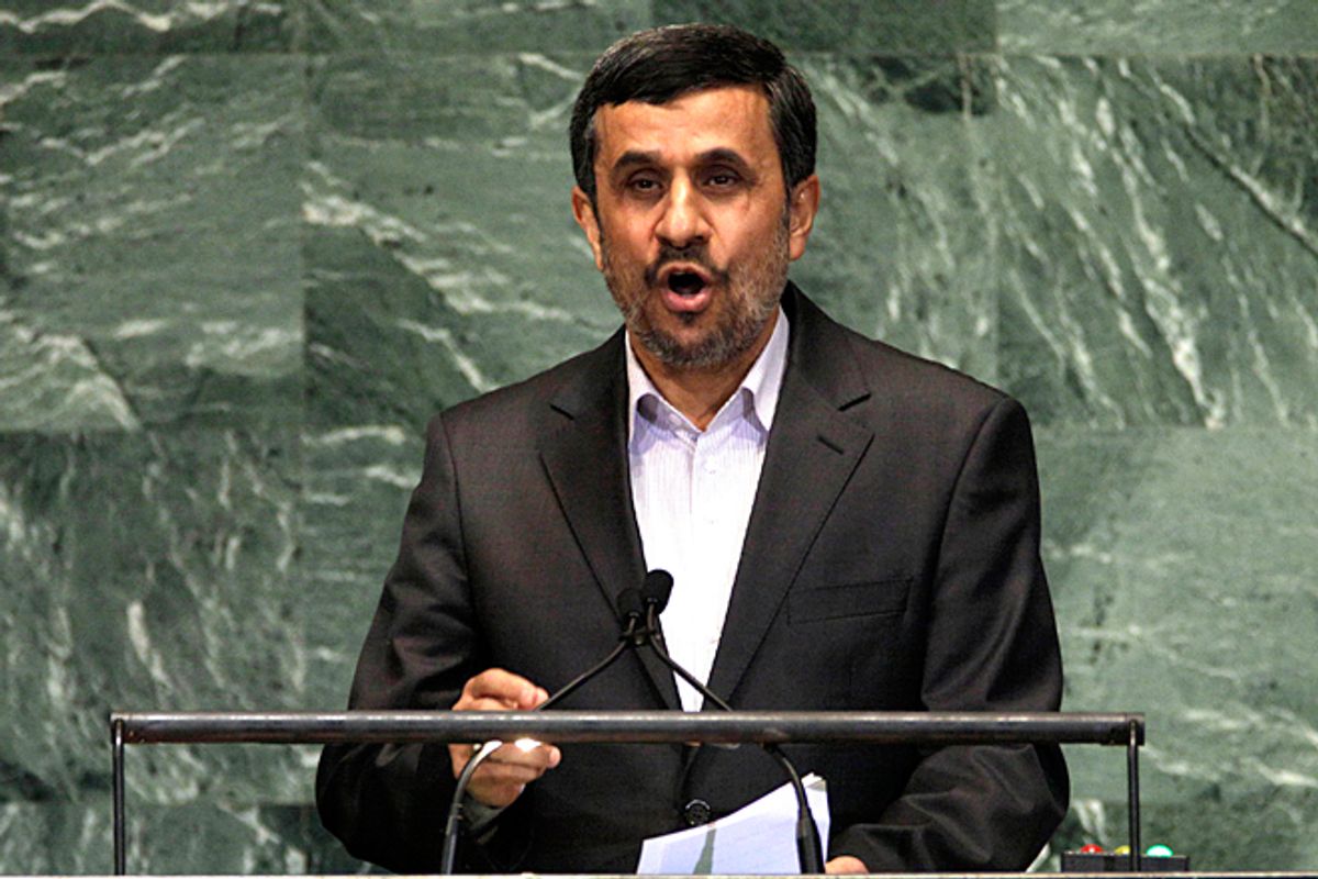 Iran's President Mahmoud Ahmadinejad addresses the high level meeting on rule of law in the United Nations General Assembly at U.N. headquarters Monday, Sept. 24, 2012.     (AP/Richard Drew)