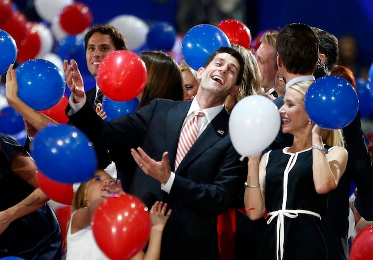 Paul Ryan and his wife, Janna, celebrate during the final session of the Republican National Convention in Tampa, Fla., Aug. 30.      (Reuters/Jason Reed)