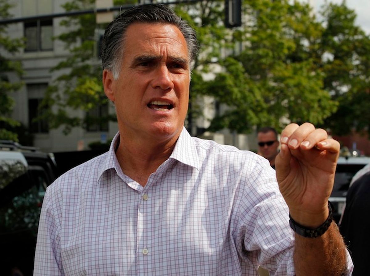 Republican presidential candidate and former Massachusetts Governor Mitt Romney talks to reporters after a brief meeting with a group of veterans in Concord, N.H., September 6, 2012.            (Reuters/Brian Snyder)