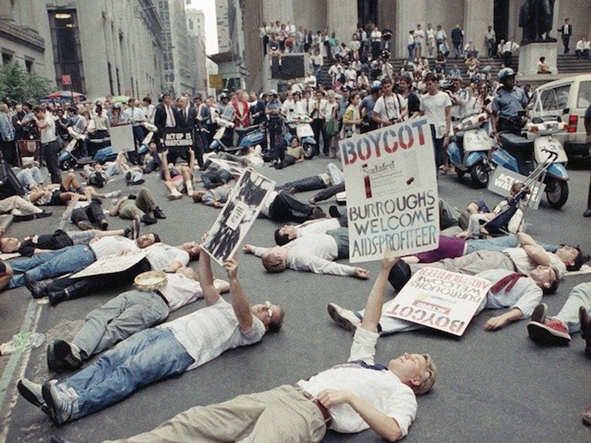 Act Up protestors lie on the street in front of the New York Stock Exchange in a demonstration against the high cost of the AIDS treatment drug AZT in September of 1989.