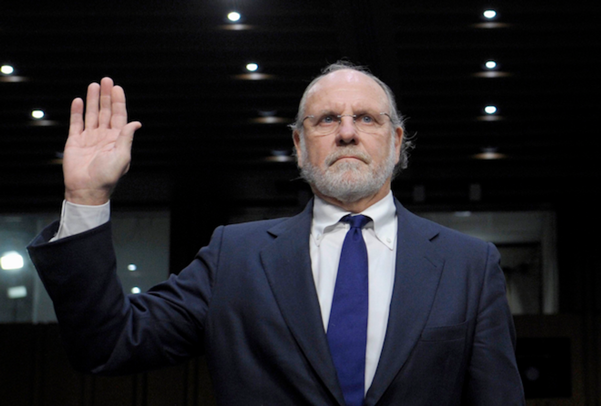 Former MF Global Holdings Ltd. Chairman and CEO Jon Corzine is sworn in on Capitol Hill in Washington, Tuesday, Dec. 13, 2011, prior to testifying before the Senate Agriculture Committee hearing to examine MF Global bankruptcy. 
    (AP/Susan Walsh)