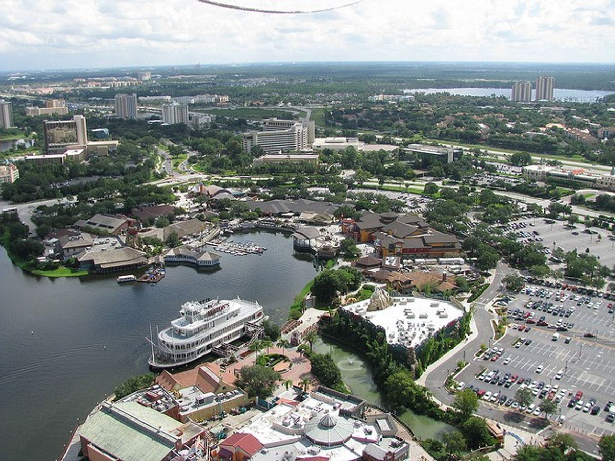 An aerial photograph of Disney World in Kissimmee, Florida.   