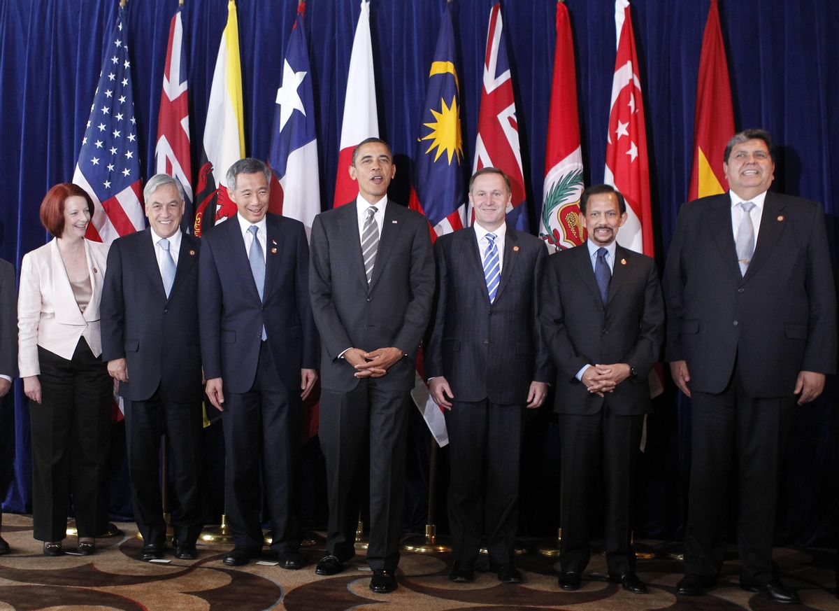 President Barack Obama, center, takes part in the Trans-Pacific Partnership meeting at the APEC summit in Yokohama,  Sunday, Nov. 14, 2010. Pictured left to right: Prime Minister Naoto Kan of Japan, Vietnamese President Nguyen Minh Triet, Prime Minister Julia Gillard of Australia, Chilean President Sebastian Pinera, Prime Minister Lee Hsien Loong of Singapore, President Obama, Prime Minister John Key of New Zealand, Sultan Hassanal Bolkiah of Brunei, President Alan Garcia of Peru, Malaysian Deputy Prime Minister Muhyiddin Yassin.(AP Photo/Charles Dharapak)      (Charles Dharapak)