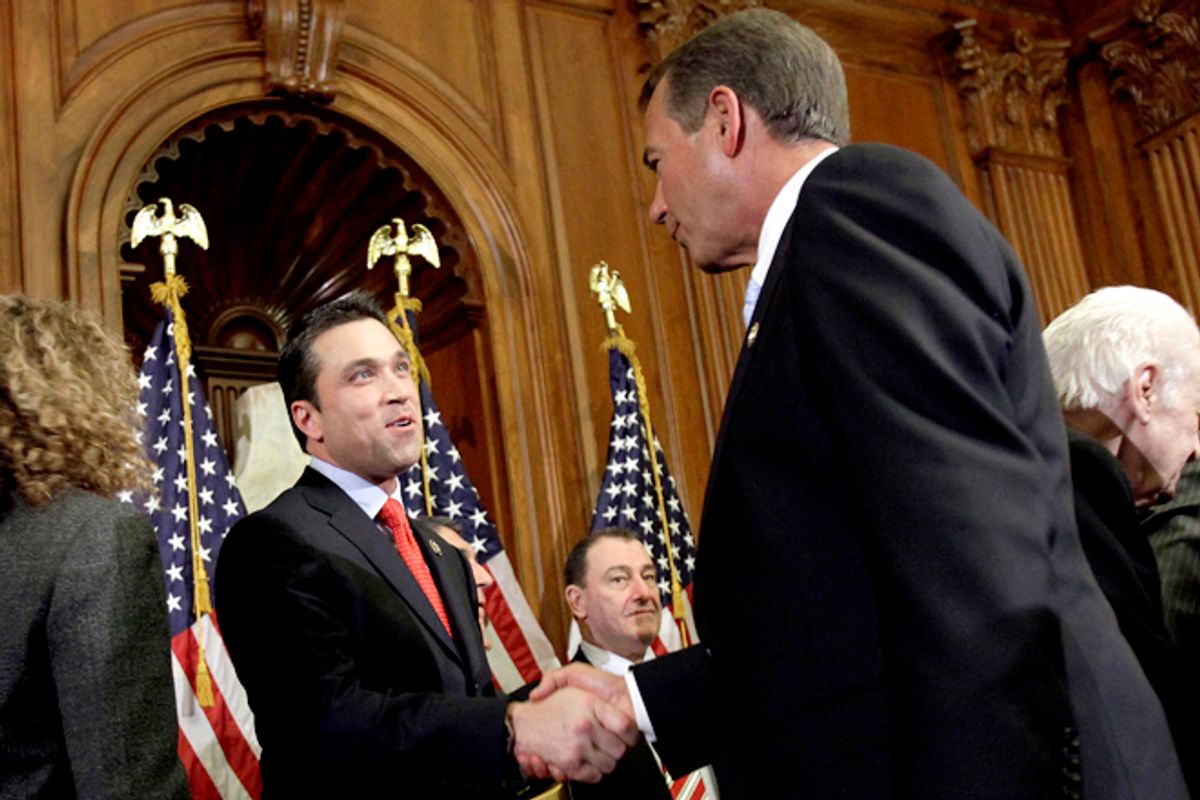House Speaker John Boehner of Ohio, right, participates in a ceremonial House swearing-in ceremony for Rep. Michael Grimm, R-N.Y., on Capitol Hill in Washington, Wednesday, Jan. 5, 2011.    (AP/Jacquelyn Martin)