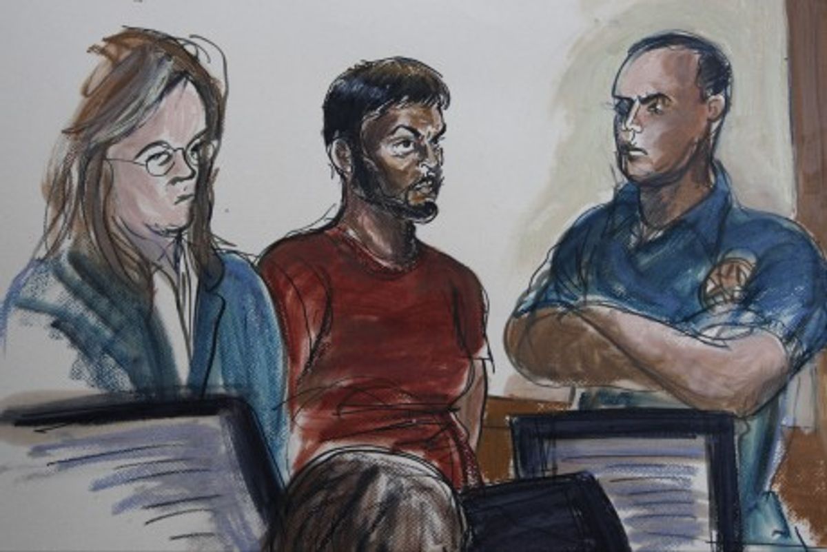 This courtroom sketch shows Quazi Mohammad Rezwanul Ahsan Nafis, 21, center (AP)
