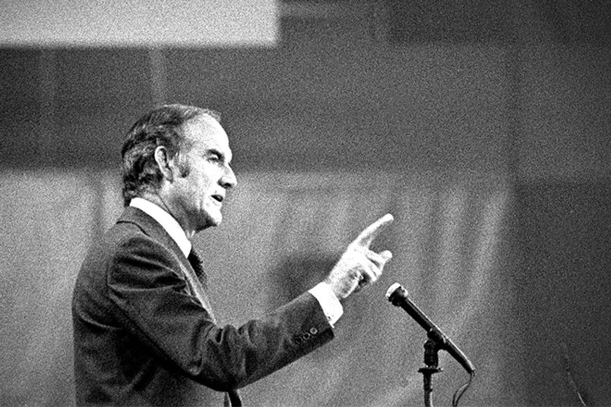 Sen. George McGovern accepts the Democratic presidential nomination at the closing session of the Democratic National Convention in Miami Beach, Fla., in this July 14, 1972 file photo.        (AP/Ray Stubblebine)