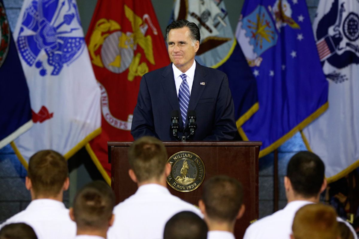 Mitt Romney delivers a foreign policy speech at Virginia Military Institute in Lexington, Va., on Monday.     (AP/Charles Dharapak)