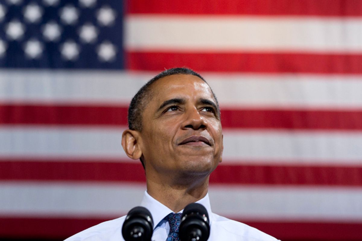 President Barack Obama pauses as he speaks at a campaign event at George Mason University,  Friday, Oct. 5, 2012, in Fairfax, Va. (AP Photo/Carolyn Kaster)        (AP/Carolyn Kaster)