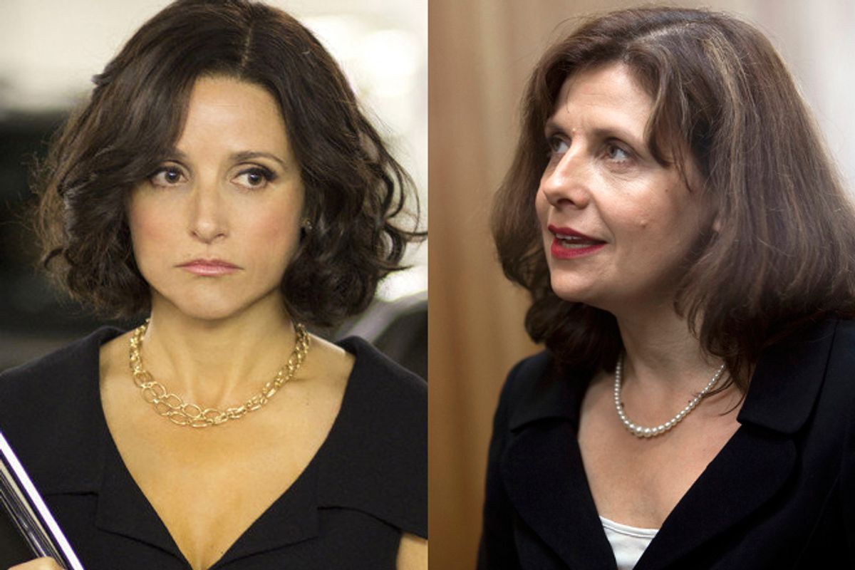 Julia Louis-Dreyfus in "Veep" and Rebecca Front in "The Thick of It"      