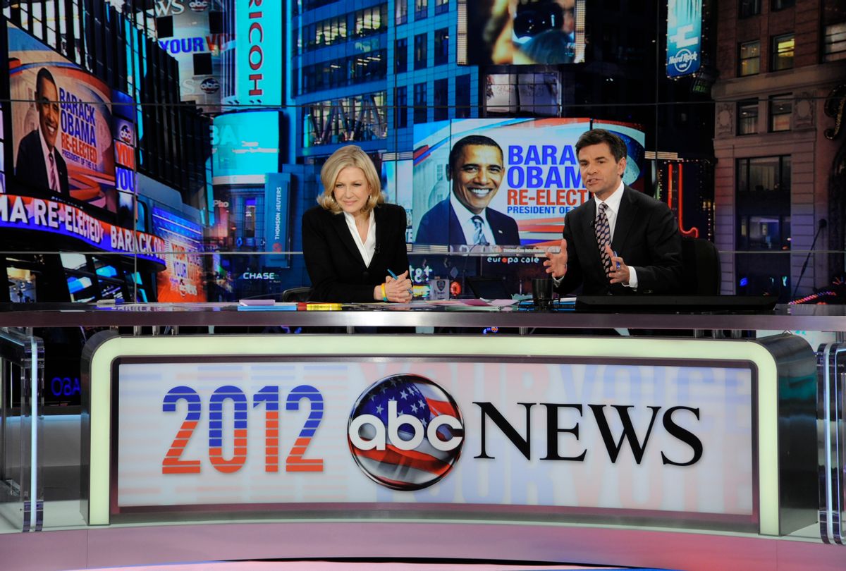 Diane Sawyer, left, and George Stephanopoulos during election night coverage.      (AP/ABC, Donna Svennevik)