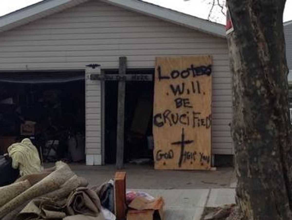  "Looters will be crucified" reads sign in Rockaway (via Twitter user Tim Pool)   