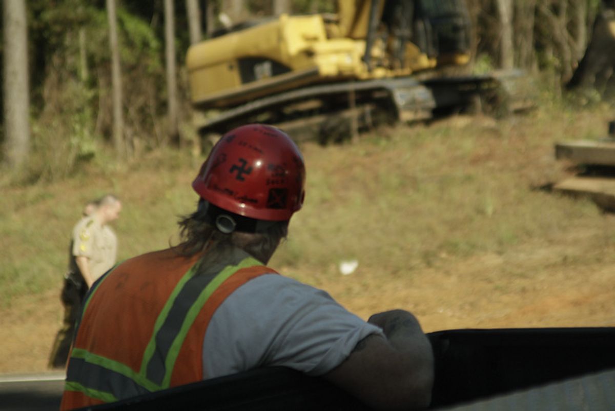  Construction worker's helmet features a Swastika and a Confederate flag  (Tar Sands Blockade/Lizzy Alvarado)