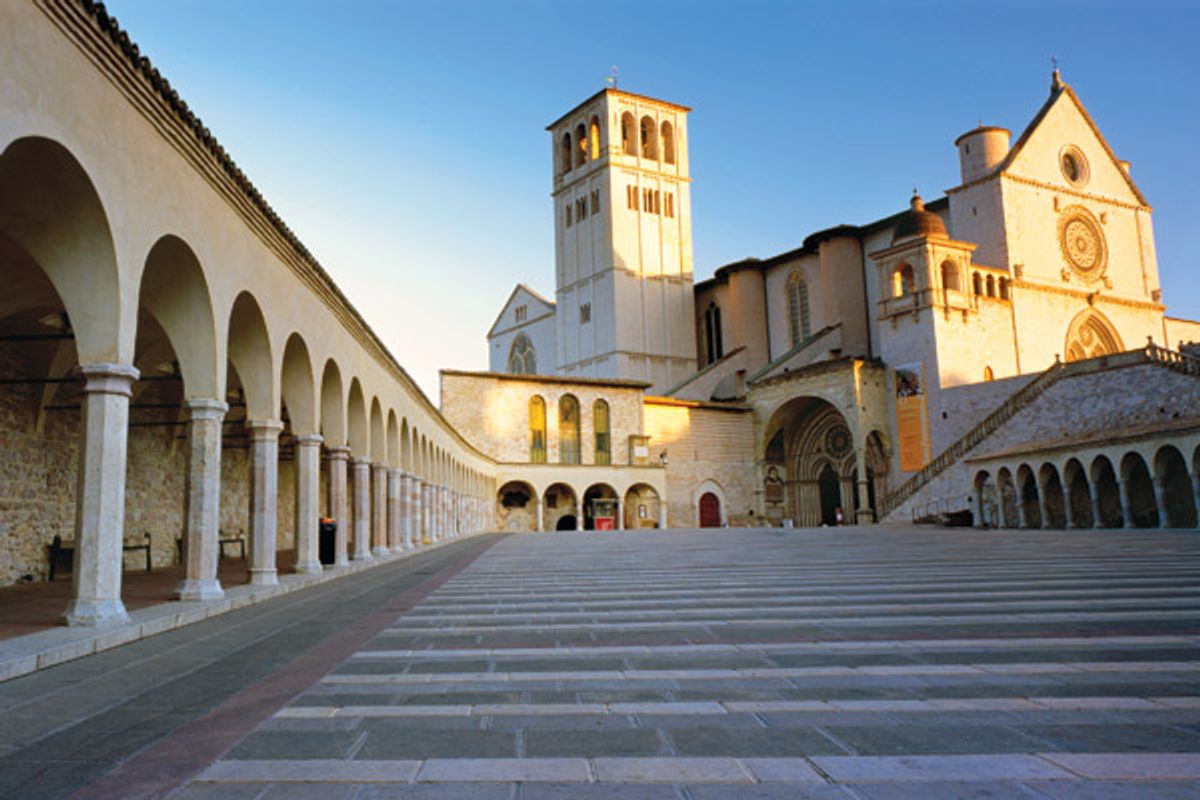 Staircase of a basilica, Basilica of San Francesco d'Assisi, Assisi, Perugia Province, Umbria, Italy.