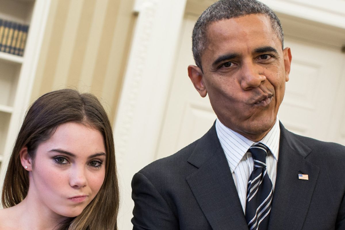 President Obama mimics Olympic gymnast McKayla Maroney's "not impressed" look while greeting members of the 2012 U.S. Olympic gymnastics teams in the Oval Office.             (AP/Pete Souza)