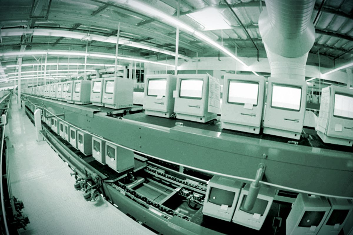 The Apple Computer Inc., manufacturing plant in Milpitas, Calif., producing Macintosh computers, Feb. 24, 1984.                       (AP/Paul Sakuma, color tint by Salon)