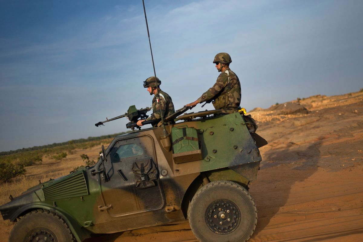 French soldiers patrol in armored vehicles, in the outskirts of Sevare, Mali.   (AP/Thibault Camus)