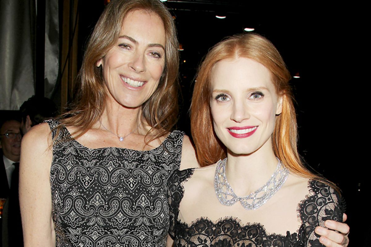 Kathryn Bigelow and actress Jessica Chastain from the film "Zero Dark Thirty," at the New York Film Critics Circle awards dinner, Jan. 7, 2013.     (AP/Dave Allocca)