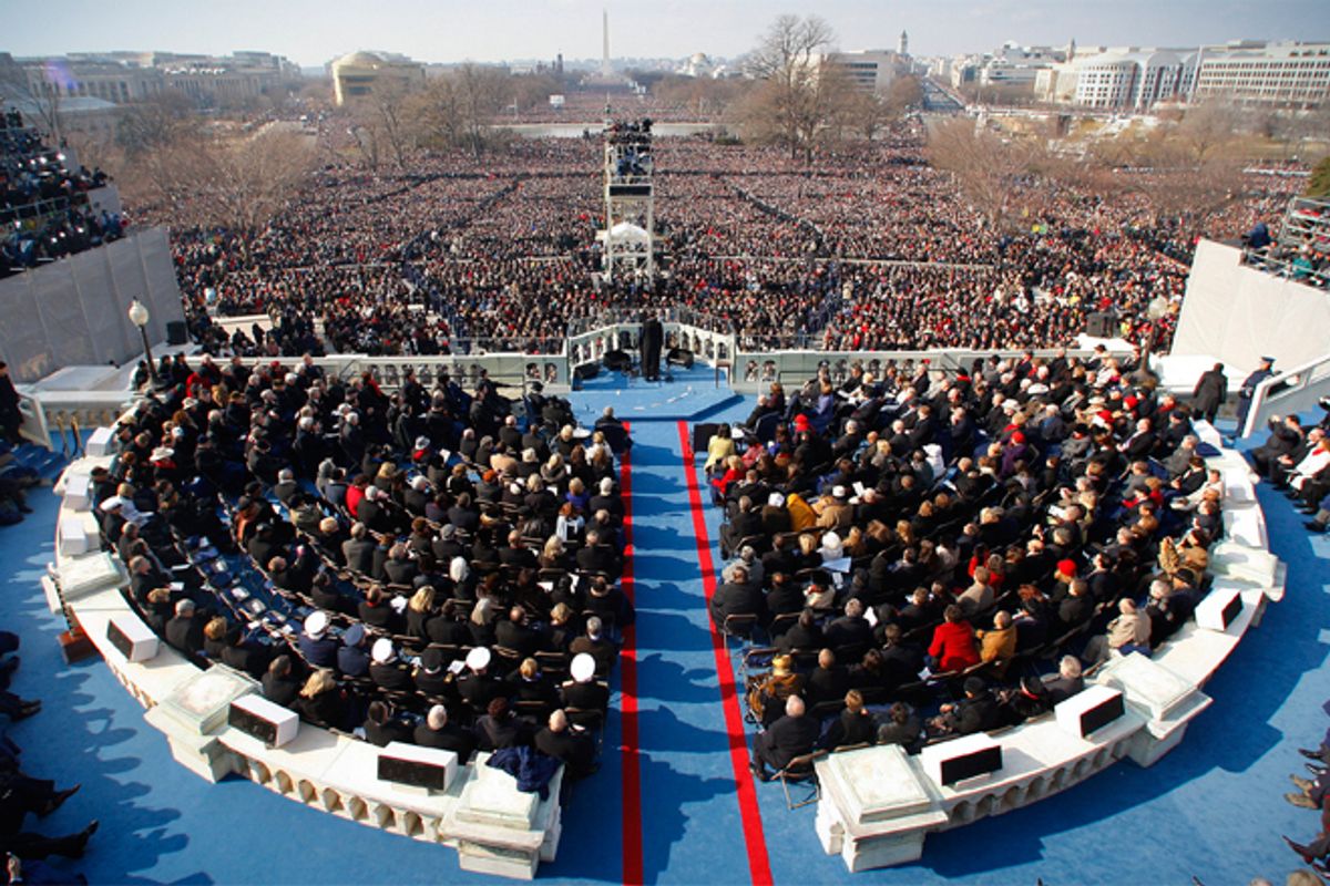 Barack Obama addresses the crowd after taking the Oath of Office as the 44th President of the United States during the inauguration ceremony in Washington, January 20, 2009. (Reuters/Brian Snyder)