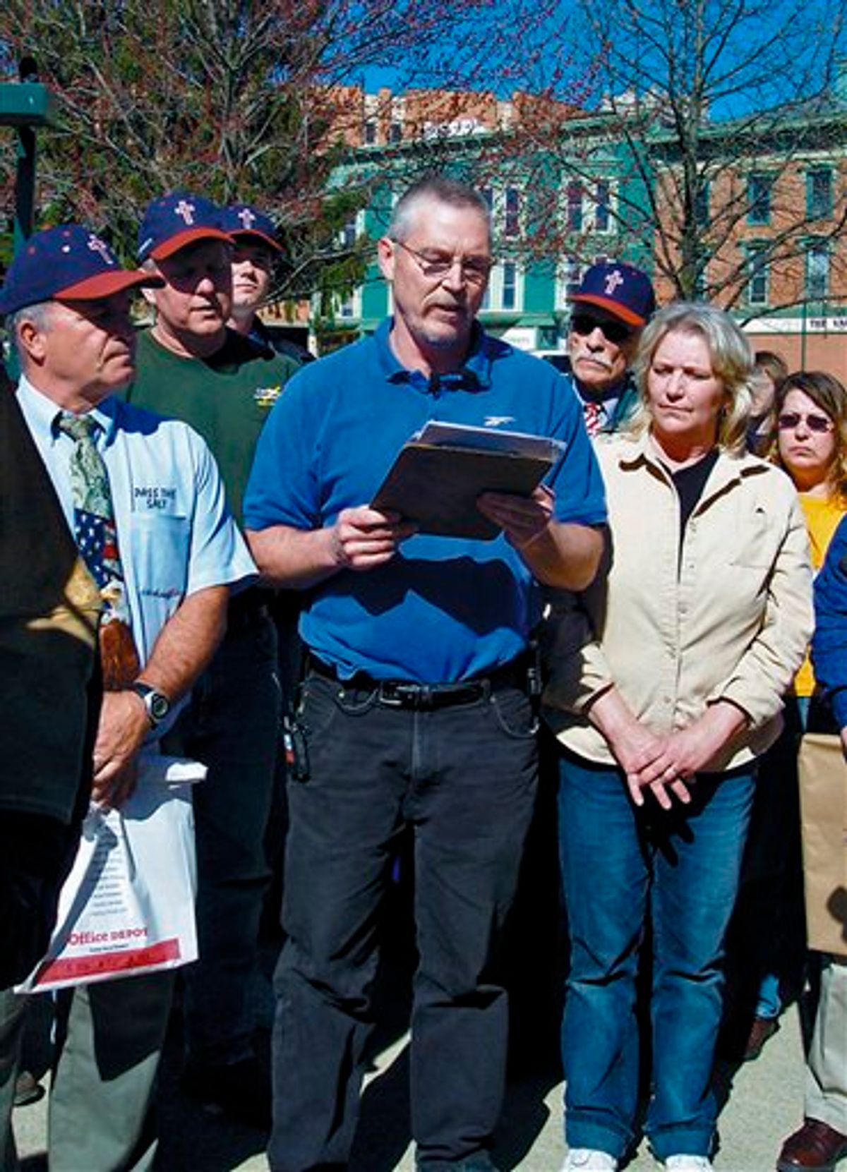 FILE - In this April 16, 2008 file photo, John Freshwater, center, addresses a crowd on Mount Vernon's public square in Mount Vernon, Ohio. The Ohio Supreme Court is ready to hear arguments in the case of Freshwater, a fired public school science teacher who kept a bible on his desk and was accused of preaching religious beliefs in class. (AP Photo/Mount Vernon News, Pam Schehl, File)  (AP)