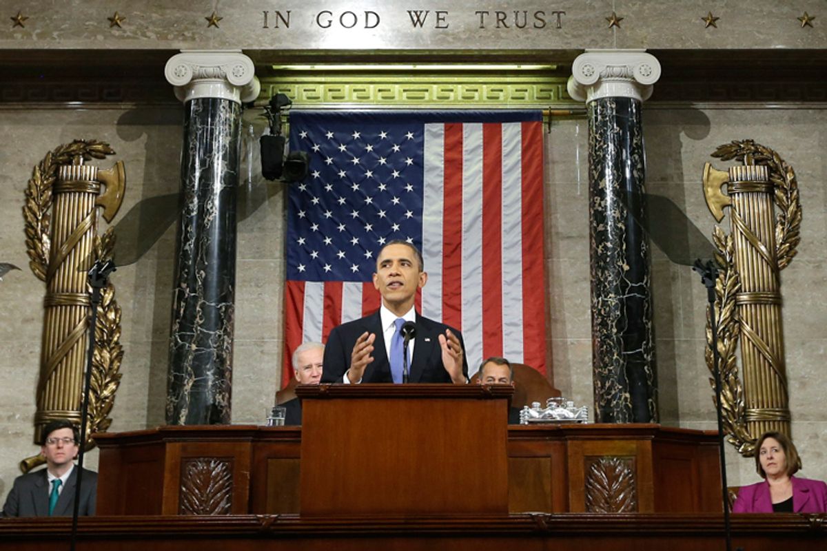 U.S. President Barack Obama delivers his State of the Union speech on Capitol Hill in Washington, February 12, 2013. The president laid out an ambitious second term agenda, but saved his best for last with an impassioned plea for gun control. <BR>Credit: Reuters                        
