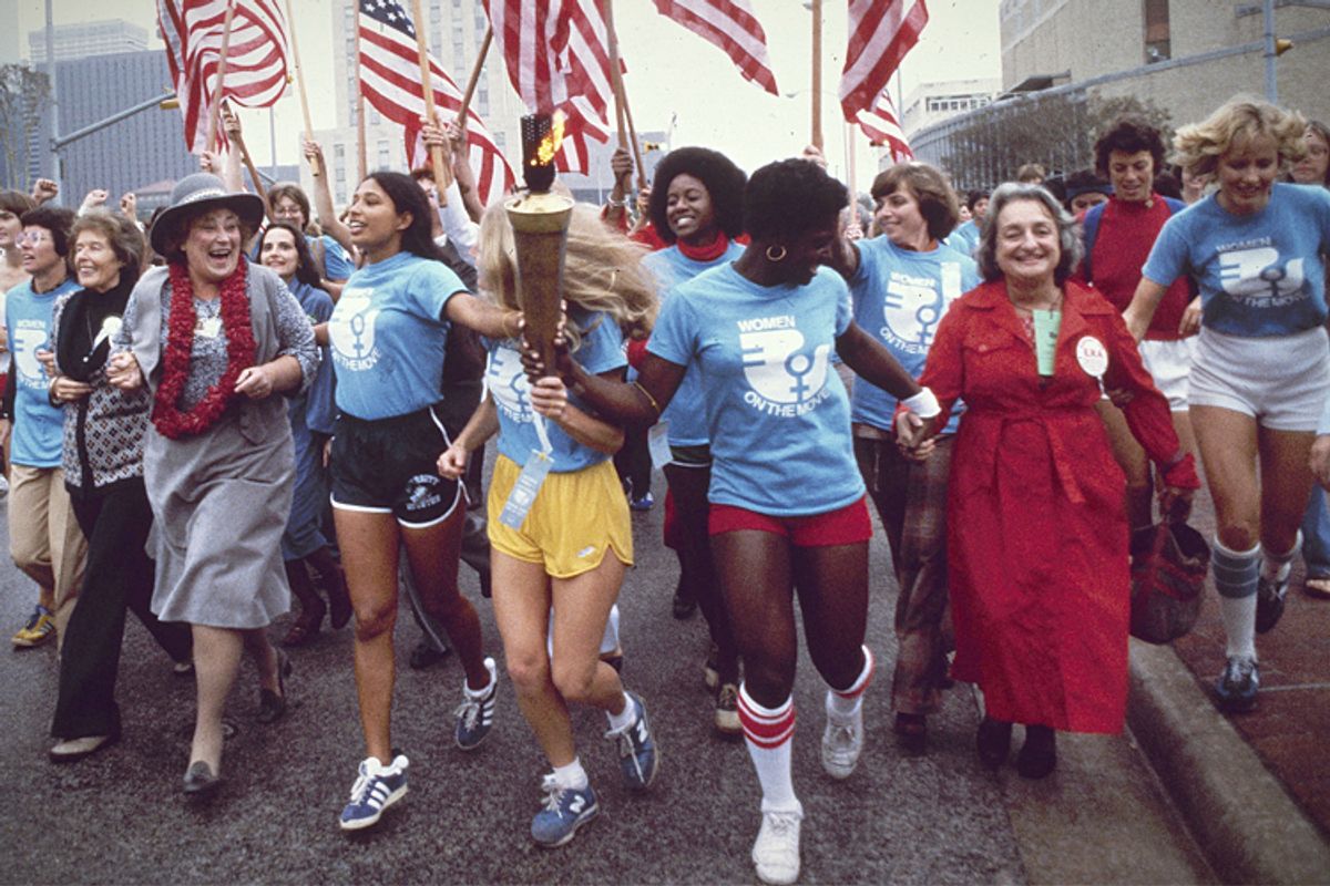 From PBS's "Makers": Some leaders of the women's movement pass a torch that was carried by foot from New York to Houston, Tex., for the November 1977 National Women's Convention.  (PBS/AP/Greg Smith)