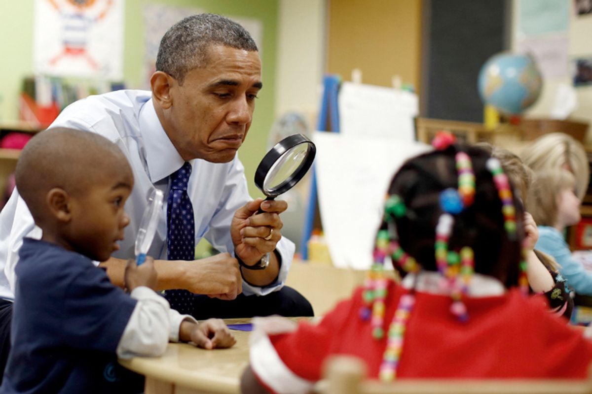 Barack Obama with children in a pre-kindergarten classroom at College Heights early childhood learning center in Decatur February 14, 2013.     (Reuters/Jason Reed)