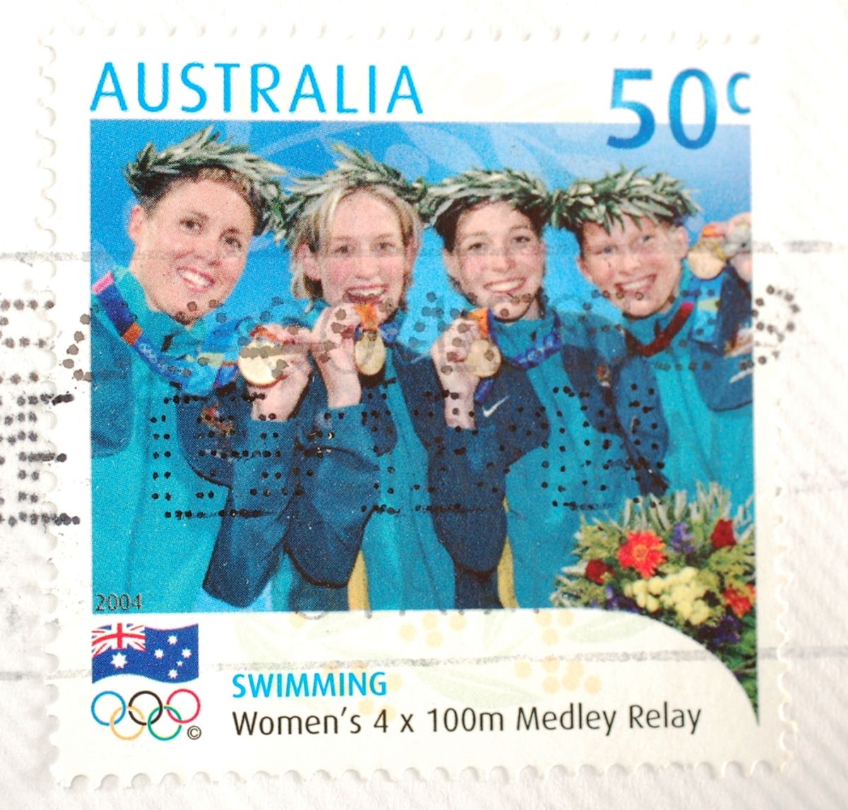 A stamp from Australia shows image of the gold medal winning women's 4x100m medley relay team from the Athens Olympics, circa 2004    (<a href="http://www.shutterstock.com/gallery-166210p1.html?cr=00&pl=edit-00">Brendan Howard</a> / <a href="http://www.shutterstock.com/?cr=00&pl=edit-00">Shutterstock.com</a>)