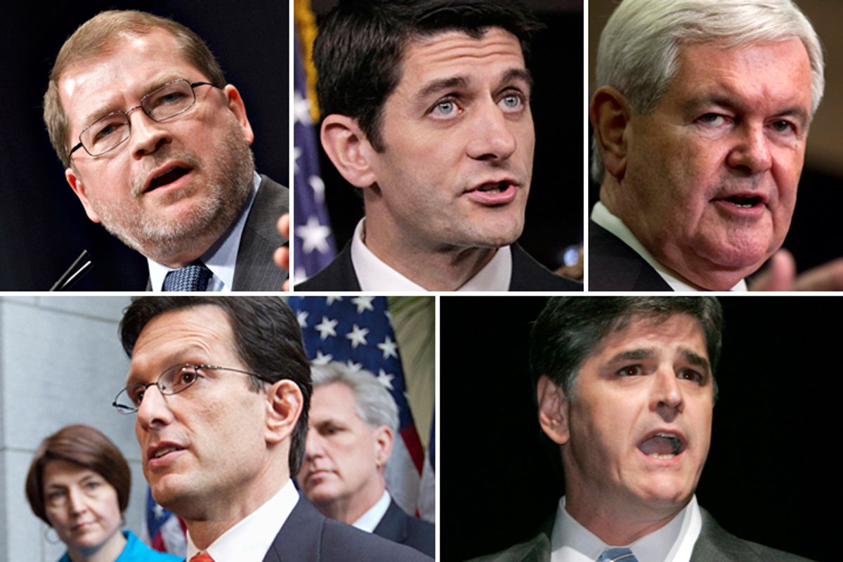 Clockwise from top left: Grover Norquist, Paul Ryan, Newt Gingrich, Sean Hannity, Eric Cantor      (AP)