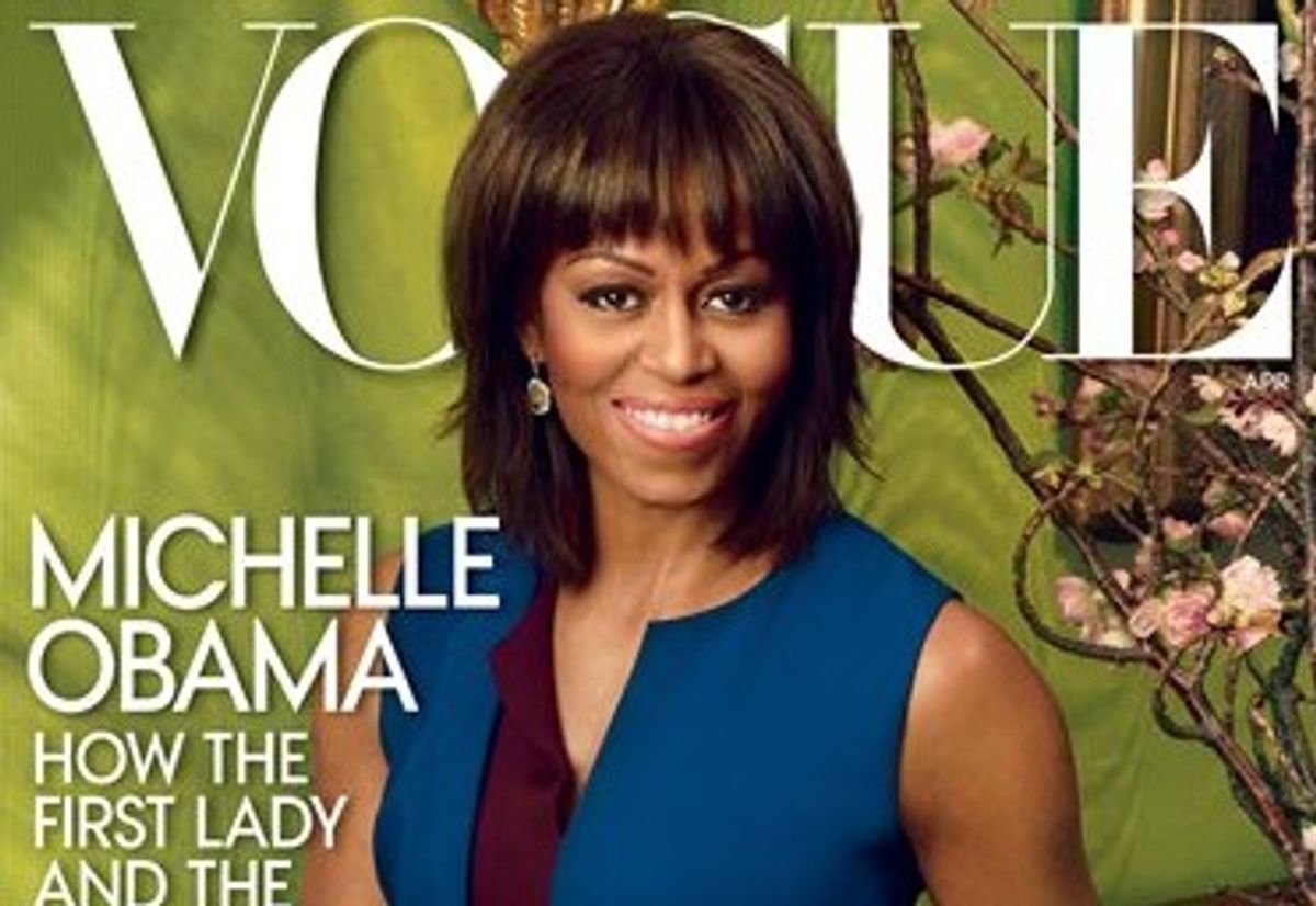 This cover image released by Vogue shows first lady Michelle Obama on the cover of the April 2013 issue of Vogue. The issue is available on newsstands on March 26. (AP Photo/Vogue, nnie Leibovitz)          (AP)