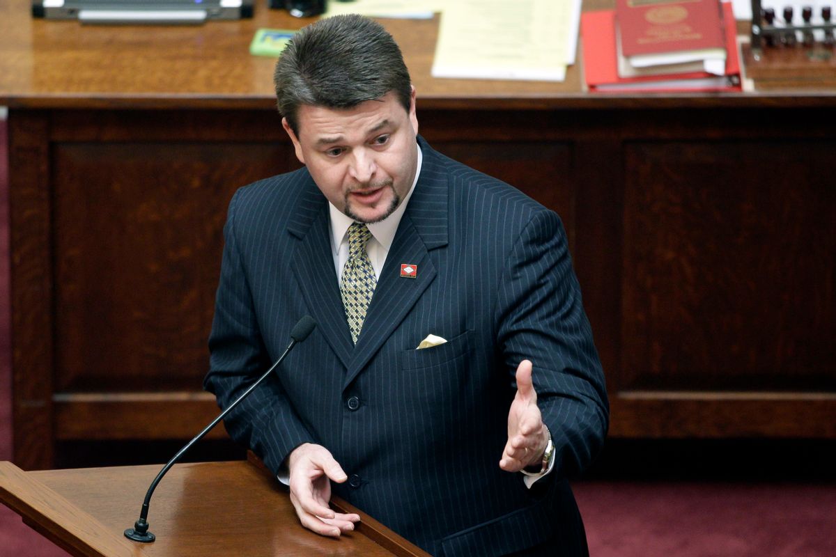 Sen. Jason Rapert, R-Conway, speaks in the senate chamber at the Arkansas state Capitol in Little Rock, Ark.         (AP/Danny Johnston)