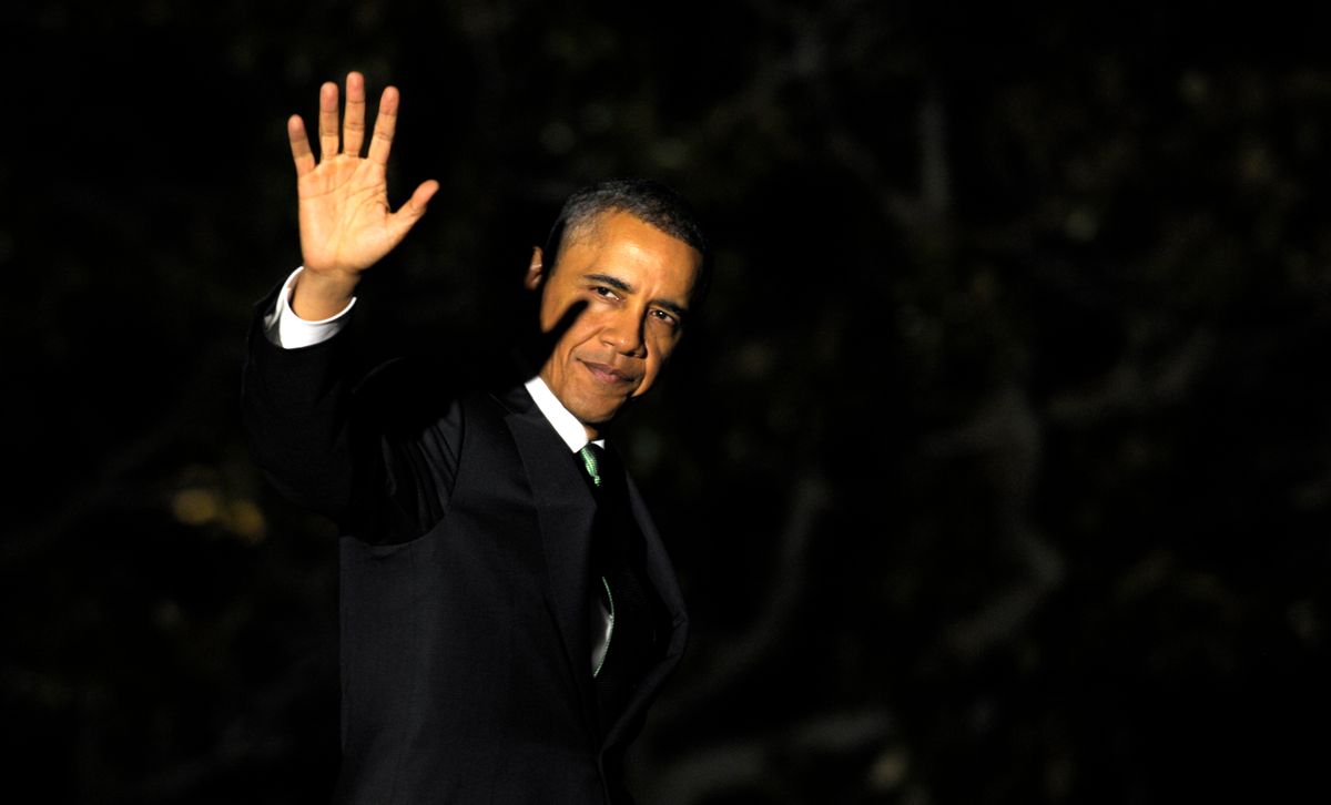 President Barack Obama waves as he walks to Marine One on the South Lawn of the White House in Washington, Tuesday, March 19, 2013.       (AP/Susan Walsh)