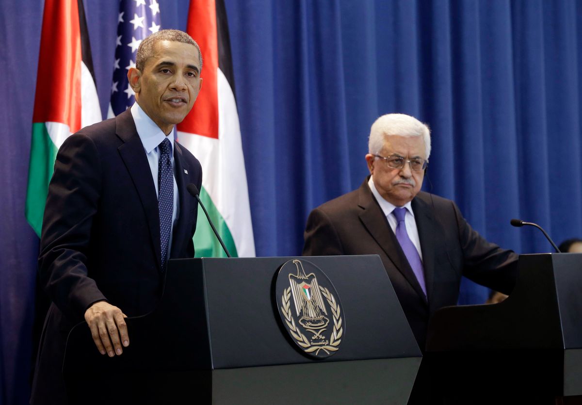US President Barack Obama and Palestinian President Mahmoud Abbas during their joint news conference at the Muqata President Compound in the West Bank city of Ramallah, Thursday, March 21, 2013.      (AP/Pablo Martinez Monsivais)