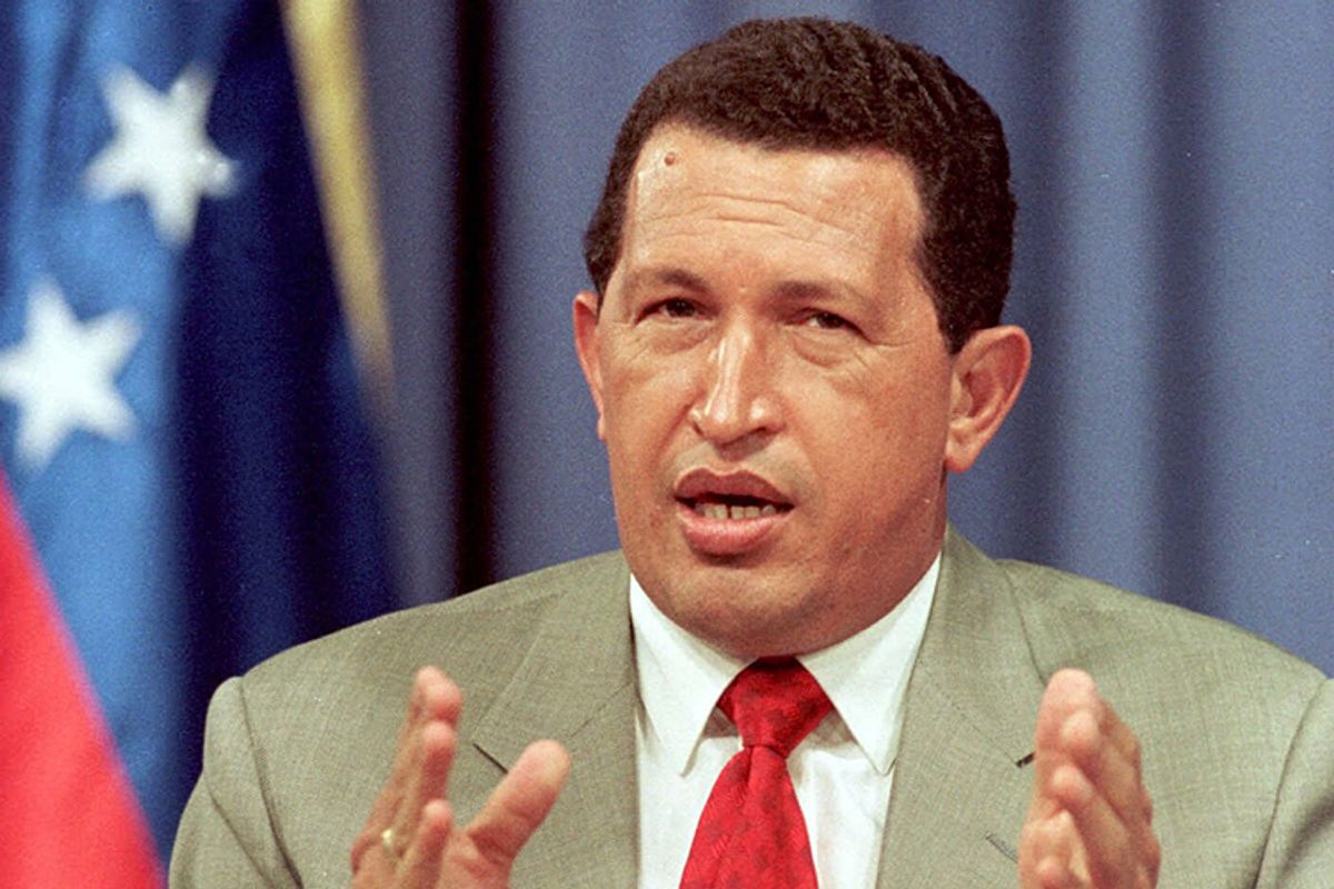 Venezuelan President Hugo Chavez speaks during a nationally televised speech in the Presidential Palace of Miraflores in Caracas, Venezuela, Monday, April 26, 1999.          (AP/Fernando Llano)