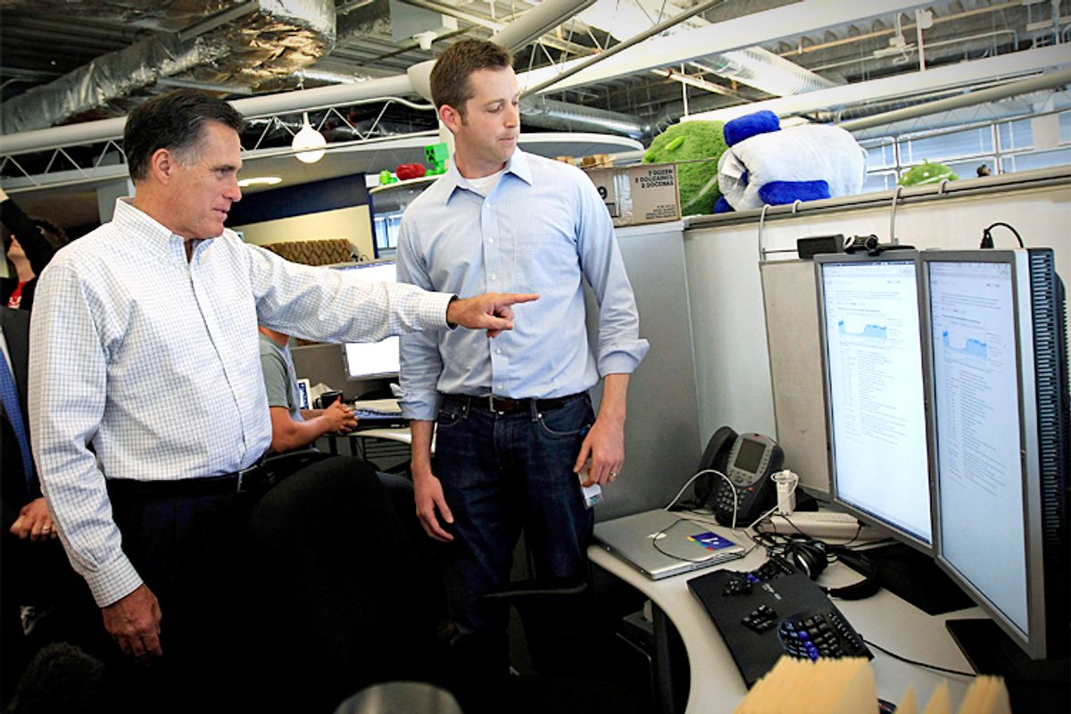 Mitt Romney tours the Google Chicago headquarters during a campaign stop in Chicago, March 20, 2012.                     (Reuters/Jim Young)