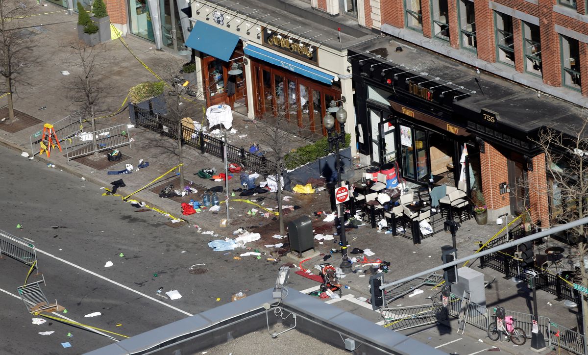 One of the blast sites on Boylston Street near the finish line of the 2013 Boston Marathon.                (AP/Elise Amendola)