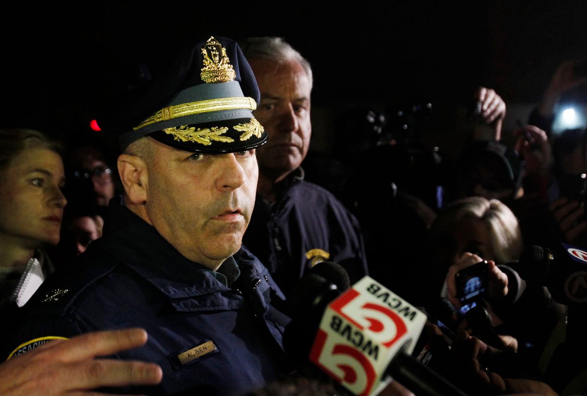 Superintendent and Colonel of the Massachusetts State Police Timothy P. Alben speaks to reporters about the status of the two suspects in the Boston Marathon bombings in Watertown, Massachusetts April 19, 2013. Massachusetts State Police warned people in the Boston suburb of Watertown not to open their doors and said they would conduct a door-to-door, street-by-street search due to what it called a fluid situation. REUTERS/Jessica Rinaldi (UNITED STATES - Tags: CIVIL UNREST CRIME LAW SPORT ATHLETICS) - RTXYRV9             (Reuters)