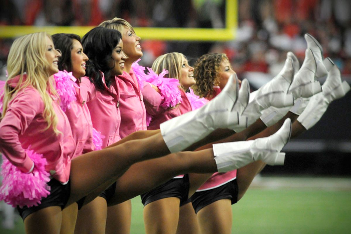 Atlanta Falcons cheerleaders wear pink in honor of breast cancer awareness month.   (Reuters/Tami Chappell)
