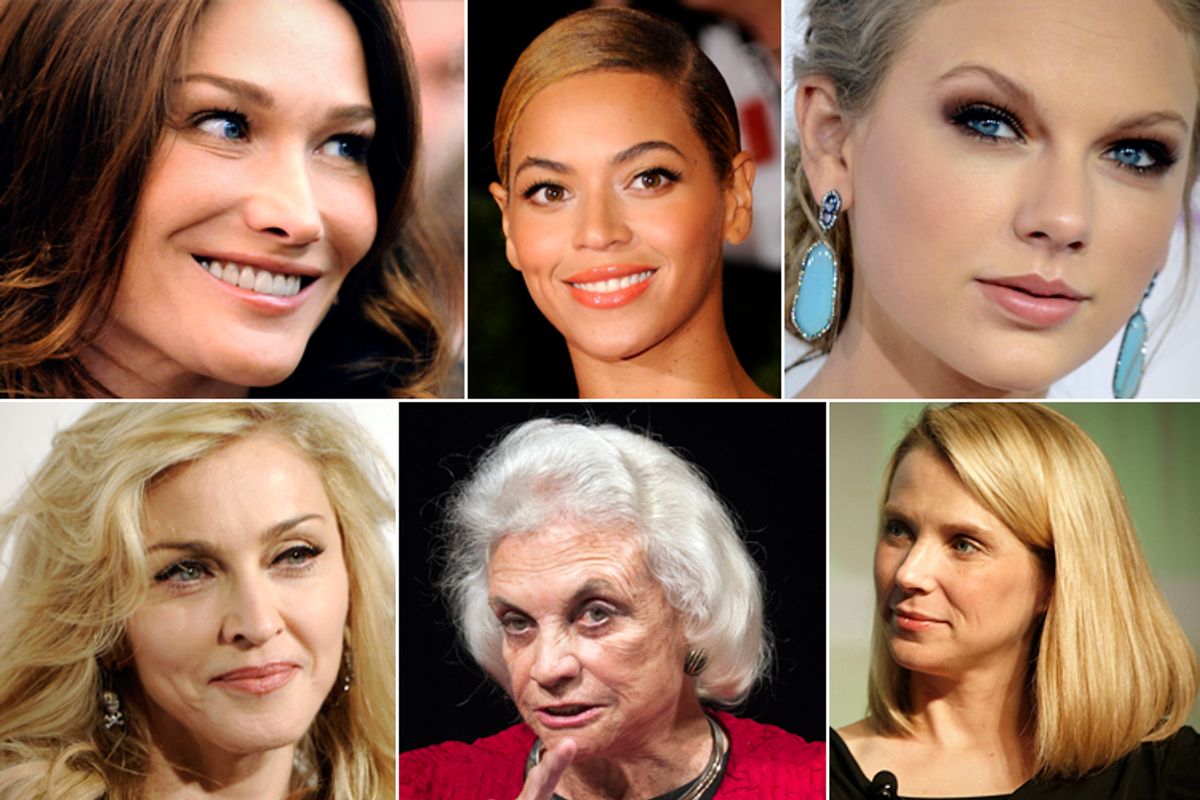  Clockwise, from top left: Carla Bruni, Beyoncé, Taylor Swift, Marissa Mayer, Sandra Day O'Connor, Madonna      (AP/Jordan Strauss/Manuel Balce Ceneta/Reuters/Stephen Lam)