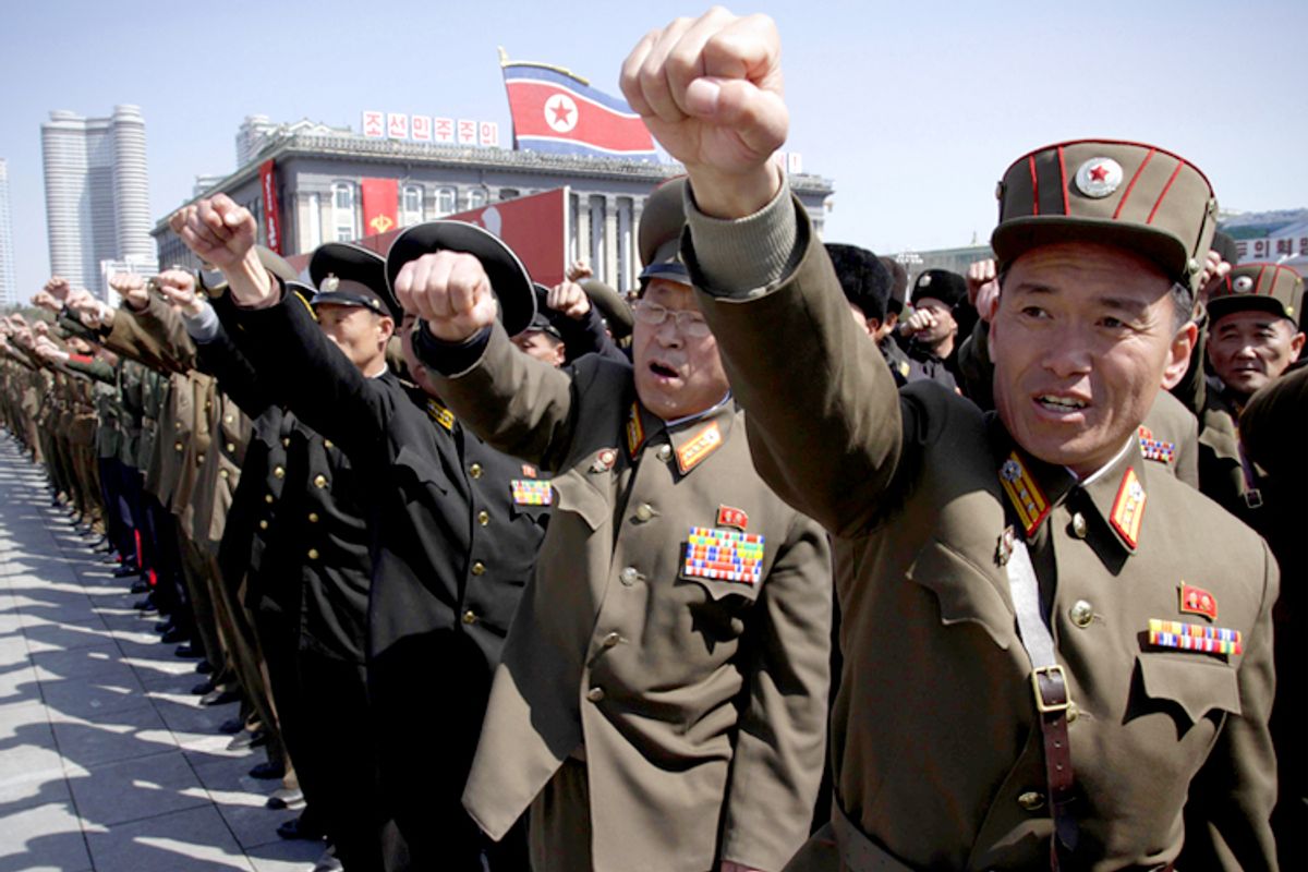 North Korean army officers at a rally at Kim Il Sung Square in Pyongyang, North Korea, March 29, 2013. (AP Photo/Jon Chol Jin)       (Jon Chol Jin)