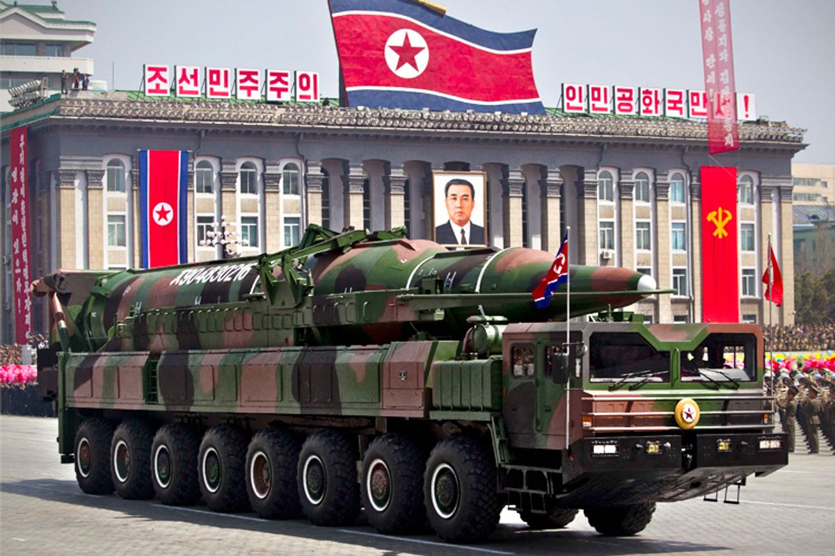 A North Korean vehicle carrying a missile passes by during a mass military parade in Pyongyang's Kim Il Sung Square to celebrate the centenary of the birth of the late North Korean founder Kim Il Sung.     (AP/David Guttenfelder)