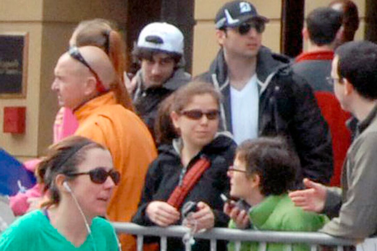 Tamerlan and Dzhokhar Tsarnaev, approximately 10-20 minutes before the Boston Marathon explosions.  (AP/Bob Leonard)
