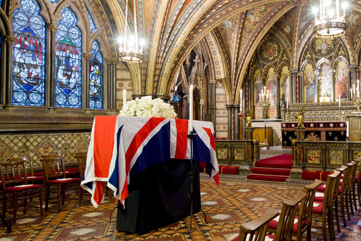 The coffin of British former Prime Minister Margaret Thatcher rests in the Crypt Chapel of St Mary Undercroft beneath the Houses of Parliament in central London on Tuesday April 16, 2013.   (AP/Leon Neal)