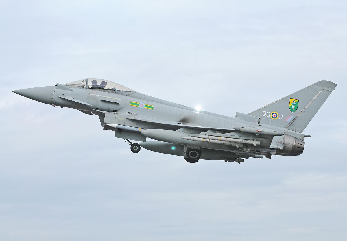 Undated  photo issued by the British  Ministry of Defence of an RAF Typhoon Aircraft of the type that has escorted a passenger plane into Stansted Airport in southern England following an incident on board Friday May 24, 2013.             (Associated Press)