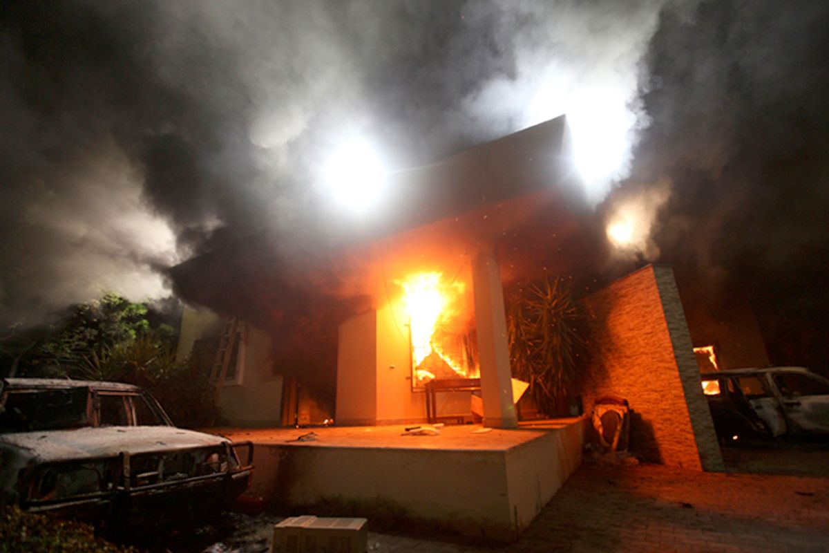 The U.S. Consulate in Benghazi in flames, September 11, 2012.         (Reuters/Esam Al-fetori)