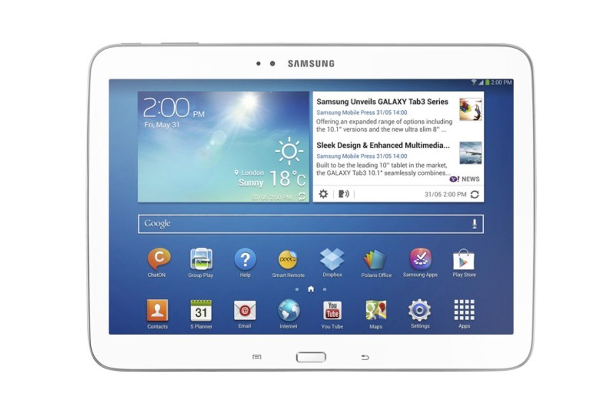 The 10-inch model of Samsung Electronics Company's new Galaxy Tab 3 series tablet computer is seen in an undated photo provided by Samsung.    (AP/Samsung Electronics Co.)