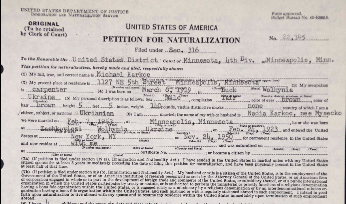 The photo taken  June 3, 2013 in Chicago shows the header of  Michael Karkoc's petition for naturalization obtained from the U.S. National Archives in Illinois.     (AP/M. Spencer Green)